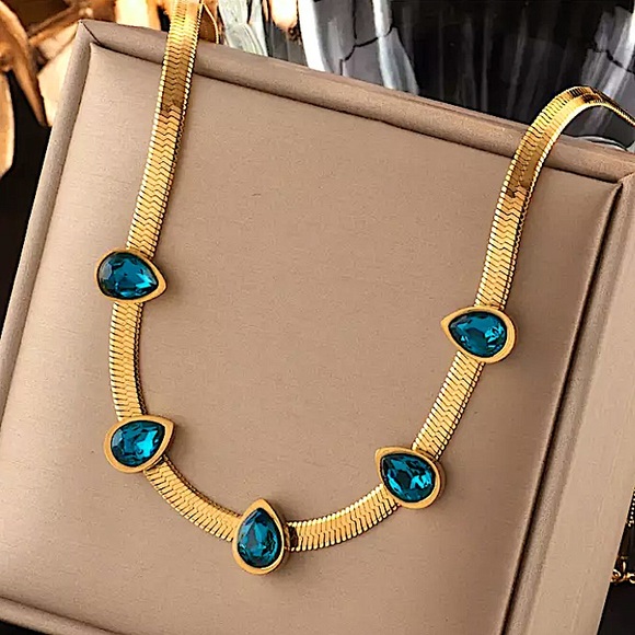 Blue Sapphire Gold Plated Zircon Herringbone Charm Flat Necklace - Picture 3 of 6